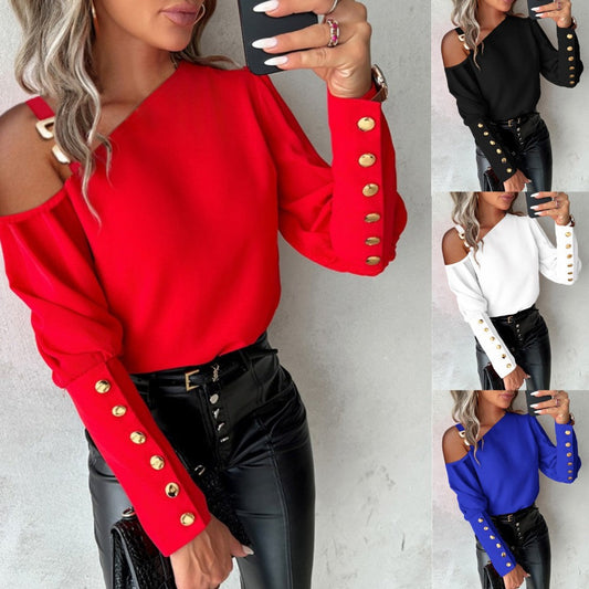 Fashion Lantern Sleeve Button Splicing Shirt Women Elegant Office Commuter O Neck Blouse Female Fall Spring Daily Casual Tops